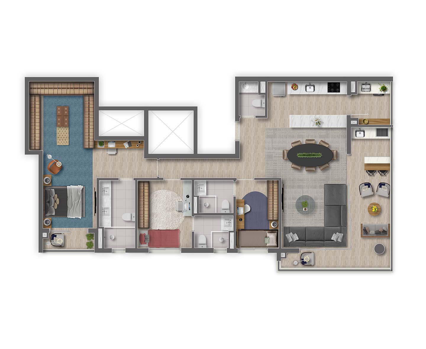 Planta tipo 120m² final 1 e 2 com 3 suítes