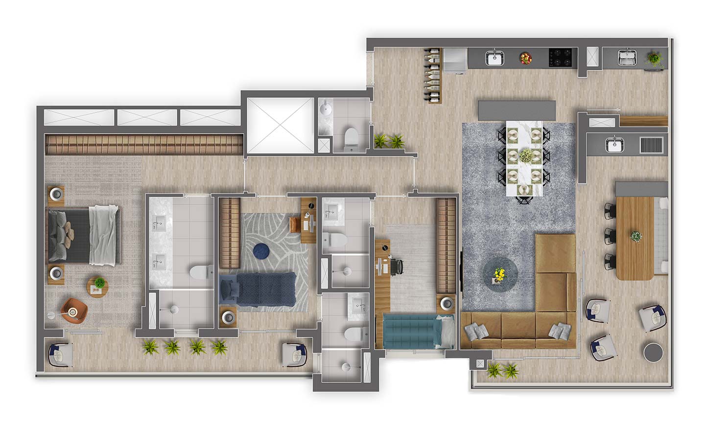 Planta tipo 120m² final 4 com 3 suítes